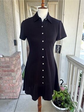 Vintage Classic Black Button-Front Collared Dress
